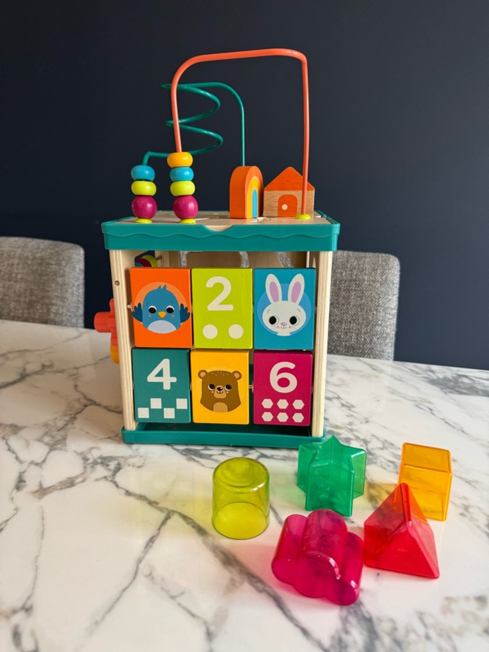Multicolor Wooden Activity Cube with Bead Maze & Number Blocks - Teal Accents